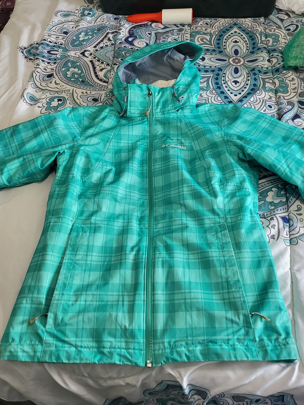 Columbia Teal Plaid Waterproof Hooded Jacket